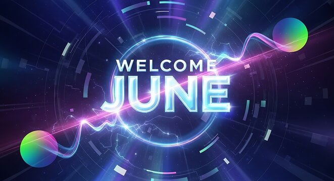 Futuristic digital welcome screen with glowing text and holograms.