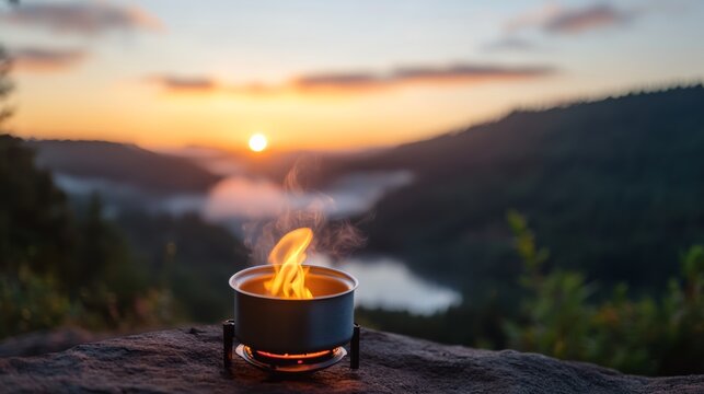 Camping stove with fire in the mountains at sunrise