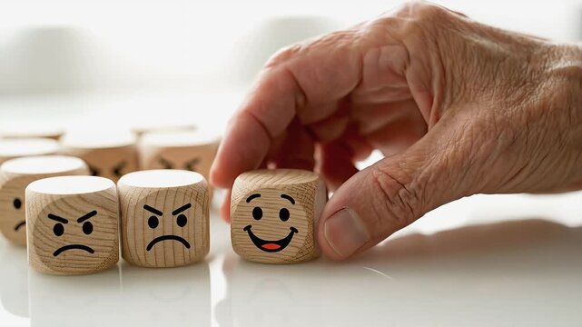 A hand reaches for a wooden block displaying a smiley face, while other blocks with angry expressions remain in the background, creating a visual contrast in a bright indoor setting