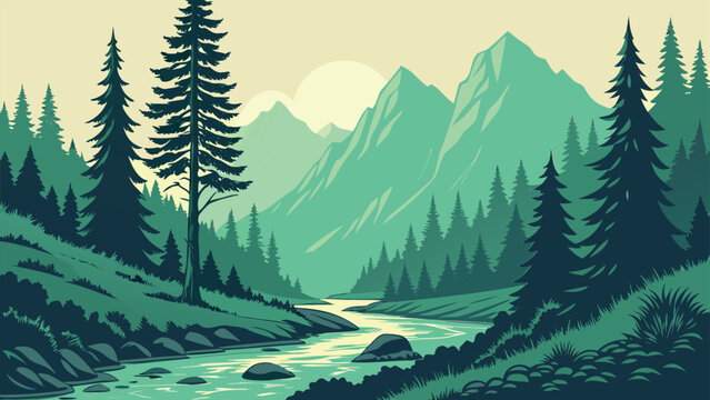 Vintage nature landscape vector illustration set, retro forest under moonlight and mountain river banners