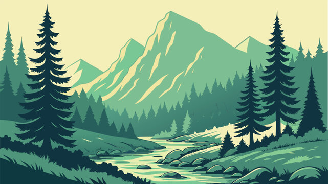 Vintage nature landscape vector illustration set, retro forest under moonlight and mountain river banners