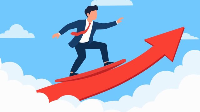 Businessman Surfing Upward Arrow Through The Clouds on Blue Sky. Flat Design Animation. Concept of Financial Growth, Market Rise, Career Progress And Positive Economic Performance 
