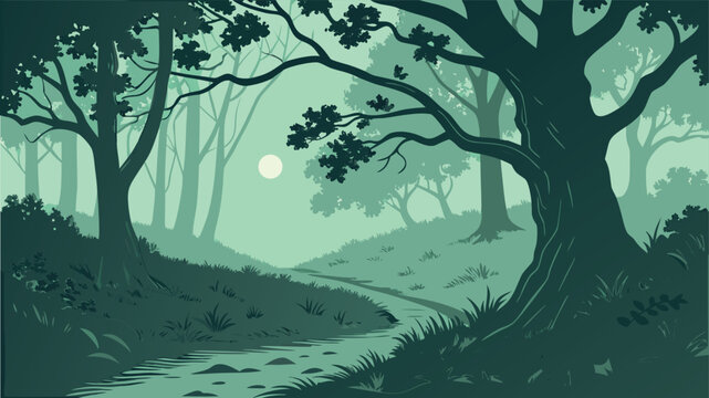 Vintage nature landscape vector illustration set, retro forest under moonlight and mountain river banners