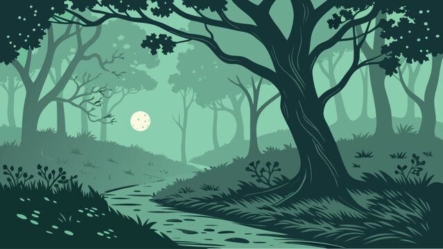 Vintage nature landscape vector illustration set, retro forest under moonlight and mountain river banners