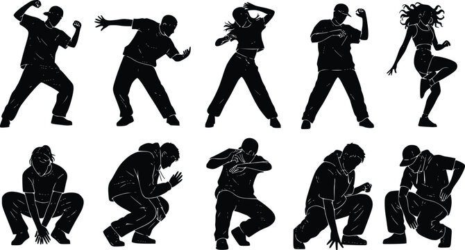 Hip Hop Dancers Silhouettes Dynamic Poses, Black  White, Dance Vector