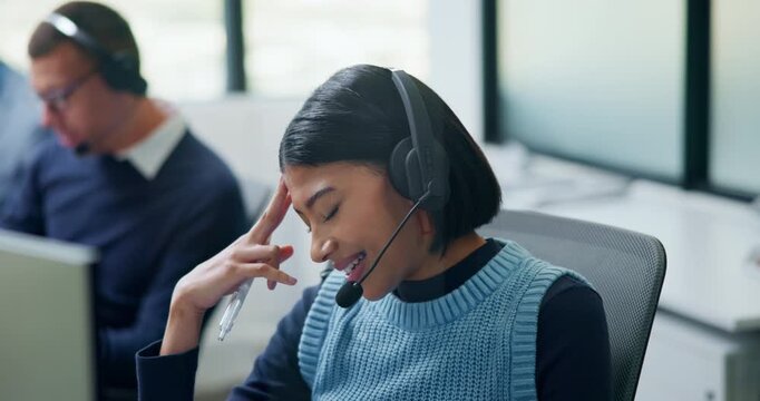 Frustrated, call center and tired with business woman in office for customer support, complaint or stress. Troubleshooting, fatigue or communication error with employee in coworking agency for advice