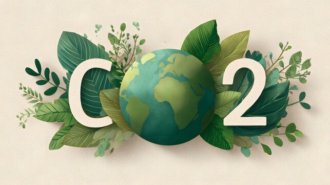 A creative illustration of the Earth surrounded by lush green leaves and the letters C and 2