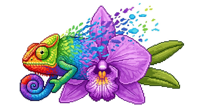 Vibrant Chameleon Perched on Exotic Orchid.