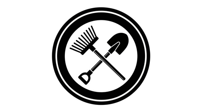 Gardening tools logo with rake shovel.