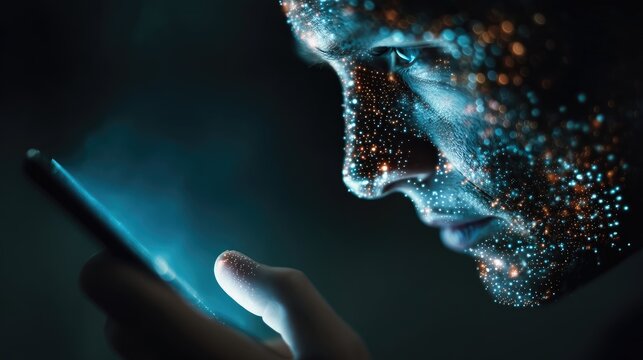 Hand holding a smartphone in dark office, glowing blue digital bot face and binary code stream overlay, future communication tech concept 