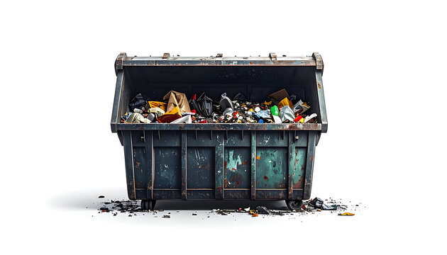 Industrial dumpster overflowing with assorted trash and debris, showing waste management and disposal issues on a clean white background