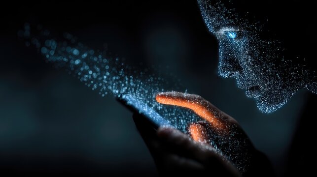 Hand holding a smartphone in dark office, glowing blue digital bot face and binary code stream overlay, future communication tech concept 