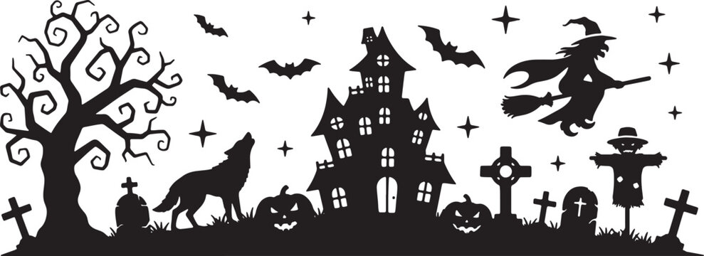 Silhouette illustration of a spooky Halloween scene featuring a haunted house, flying bats, a large full moon, gnarled dead trees, and pumpkins in a graveyard setting.