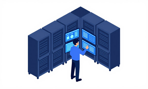 security analyst stands dimly lit server room intensely focusing multiple screens displaying data streams