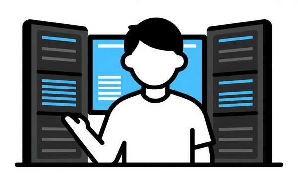 security analyst stands dimly lit server room intensely focusing multiple screens displaying data streams