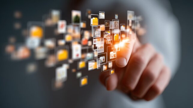 Hand interacting with a floating screen, sorting digital folder icons and file management tree, information organization concept 