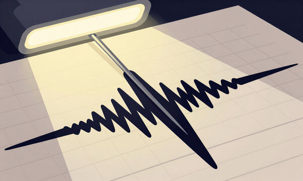 seismograph needle abruptly jolts across graph paper harsh fluorescent lights capturing chaotic dance earthquake waves