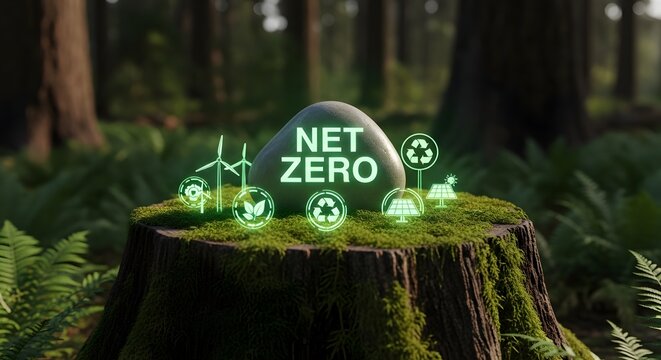Net zero concept with renewable energy icons on mossy tree stump in forest