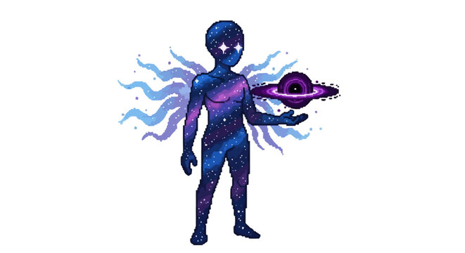 Cosmic Being Holding a Planet in Hand.