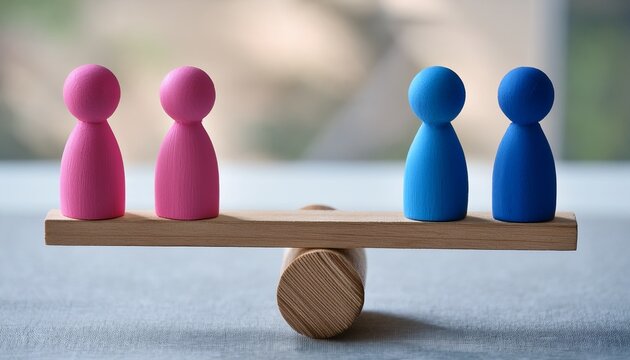 pink and blue figurines on wooden seesaw symbolizing gender equality and balance
