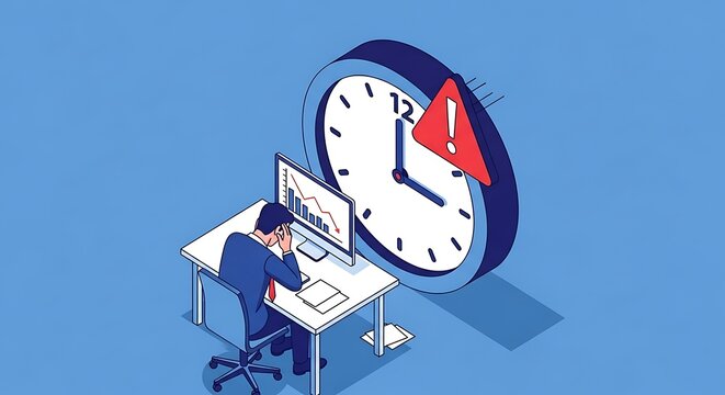 Stressed businessman working at desk with giant clock and deadline