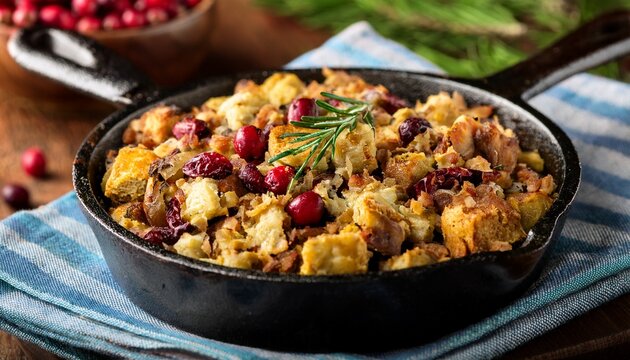 homemade stuffing with herbs and cranberries served in a cast iron skillet a close up view of a rustic cast iron skillet filled with freshly baked stuffing garnished with herbs and dried cranberries