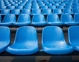 Fototapeta premium close up of a vibrant blue plastic stadium seat with water droplets background for sports arena seating and fan attendance concept