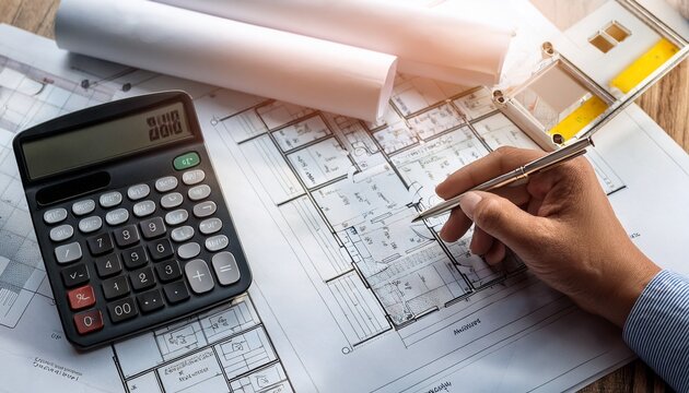 hand using calculator over construction plans and financial paperwork for budget planning