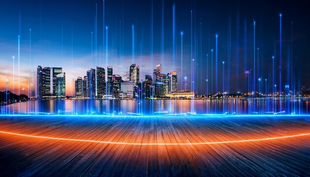 conceptual minimalist product display background featuring a modern sleek dark surface with integrated glowing blue and orange data lines and a blurred singapore skyline at dusk