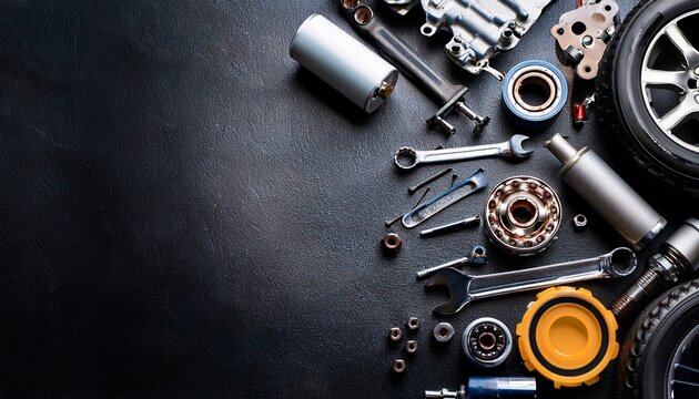 assorted car parts and tools arranged on a dark background emphasizing mechanics and automotive repair concept of engineering maintenance and machinery