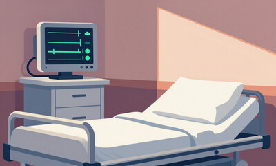 Fototapeta premium stark hospital room soft evening light captures monitor displaying flat green line shadows casting across empty