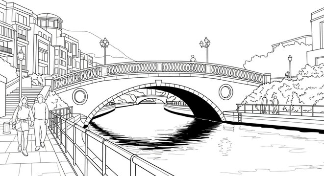 Illustrated urban arched bridge over scenic canal view.