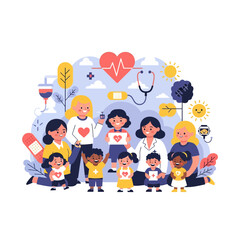 Fototapeta premium Group of children and nurses promoting child health and charity