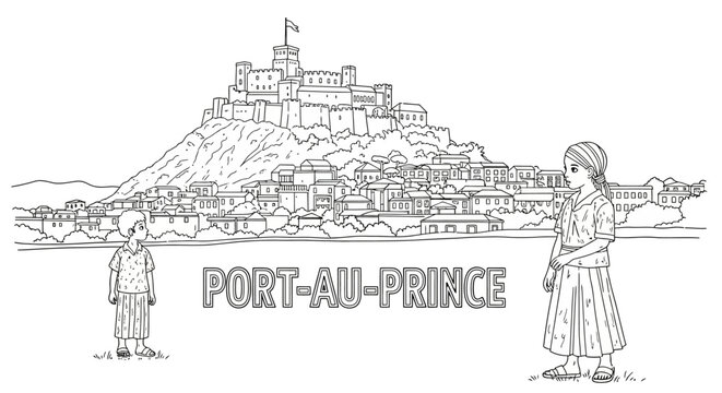 Illustrated View of Port au Prince with Two Figures.