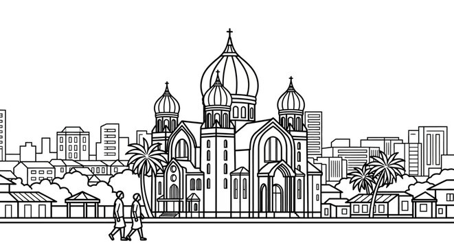 Ornate cathedral illustration with urban cityscape skyline.