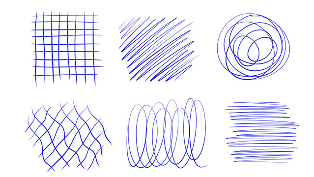 Six Blue Hand-Drawn Scribble Textures on White Background: Grid, Lines, Circles, Waves and Strokes - Transparent PNG