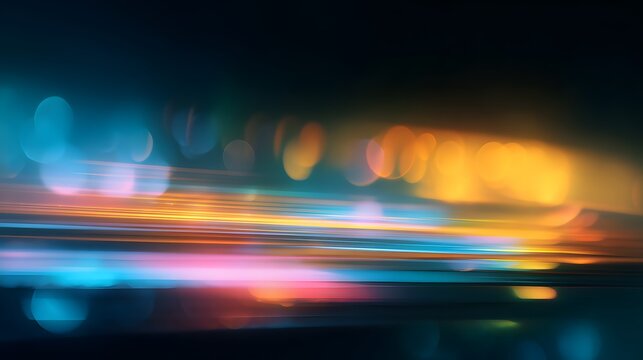 A vibrant abstract light trail in a dark urban landscape