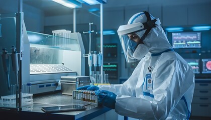 Naklejka premium Scientist in protective gear examines samples in a laboratory setting with equipment and screens.