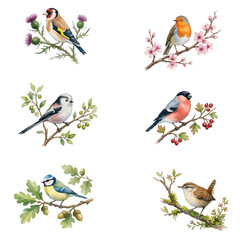 Cute birds sitting on a tree branch with flowers and leaves in a spring nature illustration © bluu