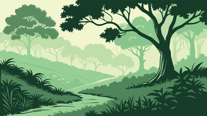 Green forest landscape vector illustration with winding path, old trees and lush vegetation in vintage style © SABIHA