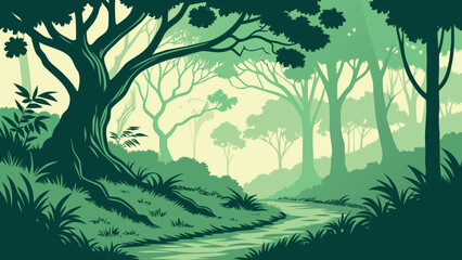 Green forest landscape vector illustration with winding path, old trees and lush vegetation in vintage style © SABIHA
