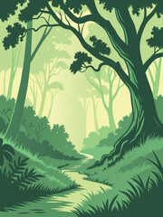 Green forest landscape vector illustration with winding path, old trees and lush vegetation in vintage style © SABIHA