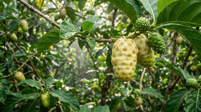 Close-up view of ripe and unripe Noni fruits hanging on a vibrant green tree branch, showcasing the exotic tropical plant in its natural lush environment