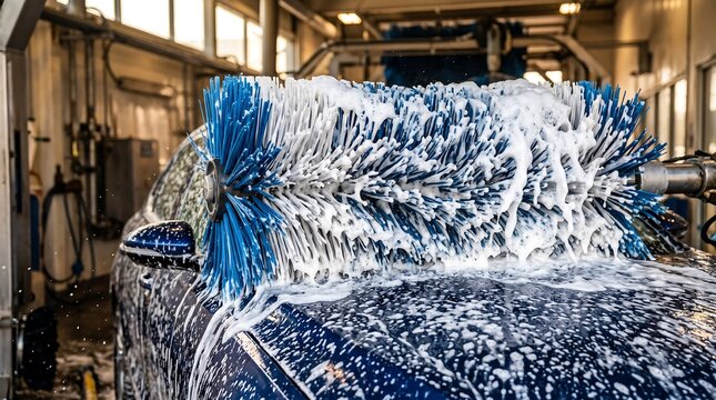 Automated vehicle cleaning machine operating in a commercial space, vigorously scrubbing a car with foamy brushes, ensuring a spotless finish