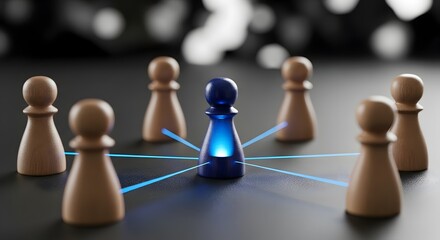 Obraz premium Blue chess pawn connects to wooden pawns with glowing blue lines
