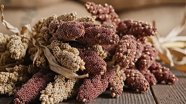 Closeup of a rustic bunch of dried sorghum stalks with red and beige grains on a wooden surface.