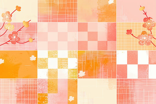 Japanese style patchwork background with cherry blossoms and textures