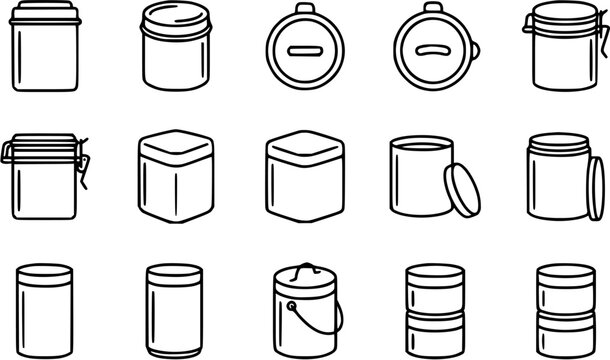 Set of Line Art Icons: Various Jars, Cans, and Containers for Food Storage