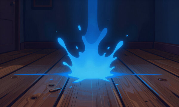 vibrant blue luminol splash illuminates worn wooden floor dimly lit room captured dramatic intense ethereal glow