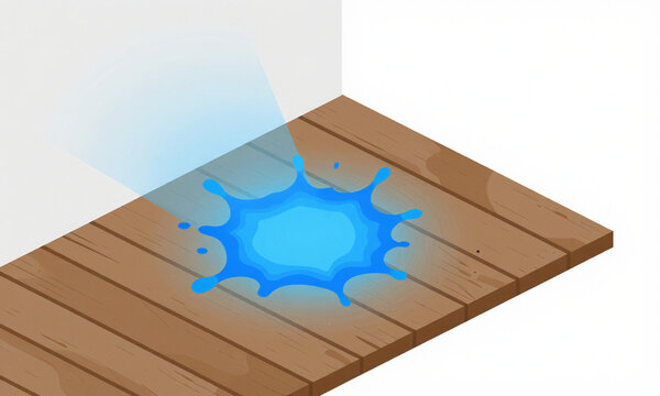 vibrant blue luminol splash illuminates worn wooden floor dimly lit room captured dramatic intense ethereal glow
